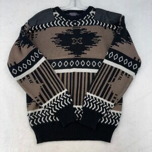 Barnaby Vintage Mens XL Southwestern Leather Patch Geometric Knit Sweater Brown